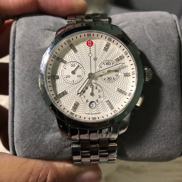 Michele Silver Chronograph Watch with Red Accent display picture 1